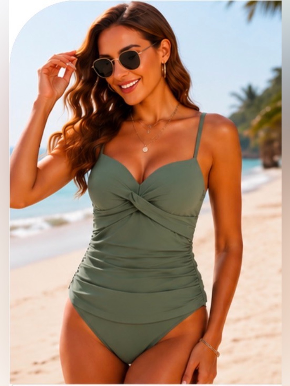 Cupshe Sage Green Twist Front Tankini Swimsuit,Ruched Tummy Control. Size Medium